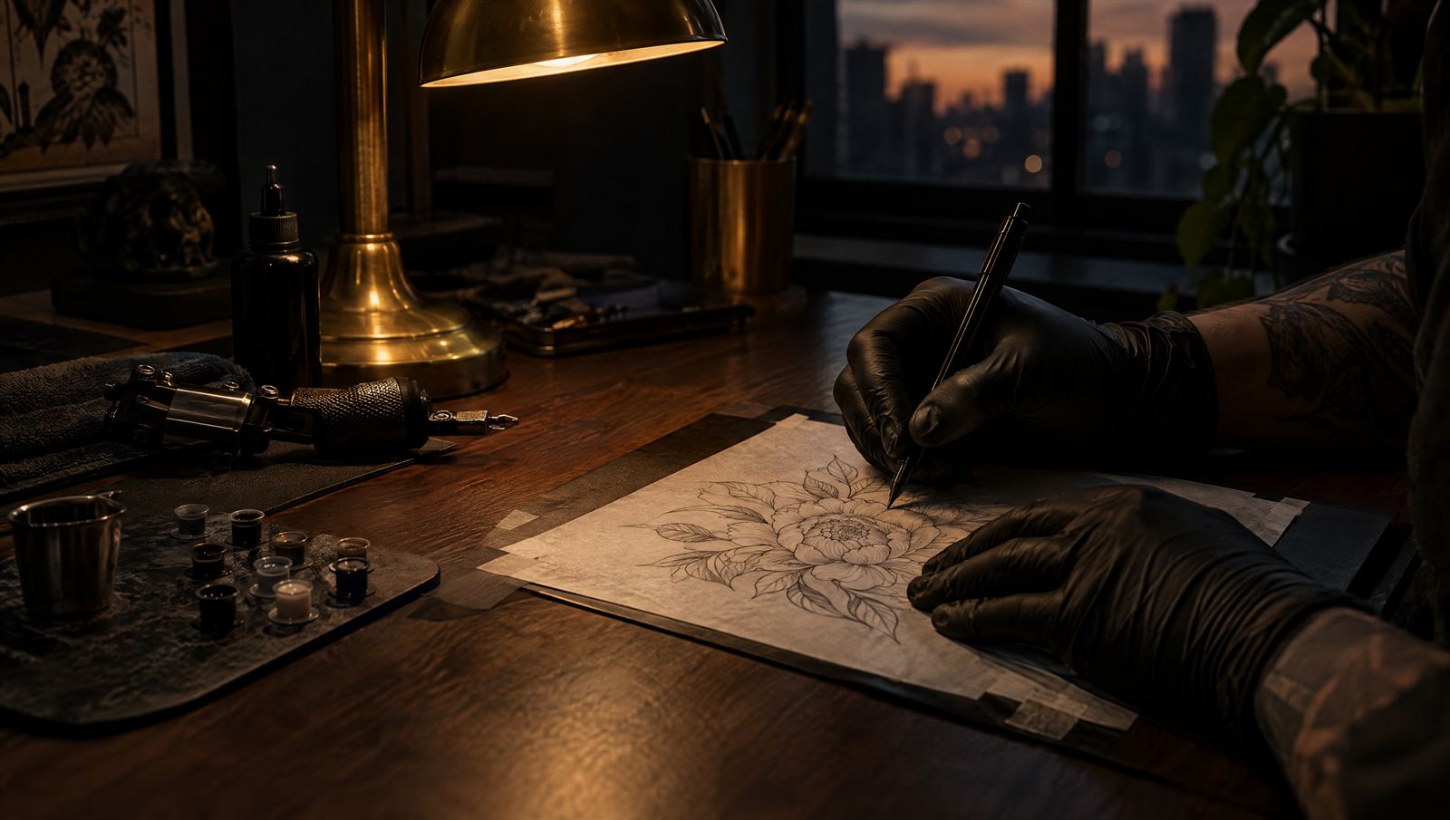 A tattoo artist tracing a fine-line stencil under a warm desk lamp